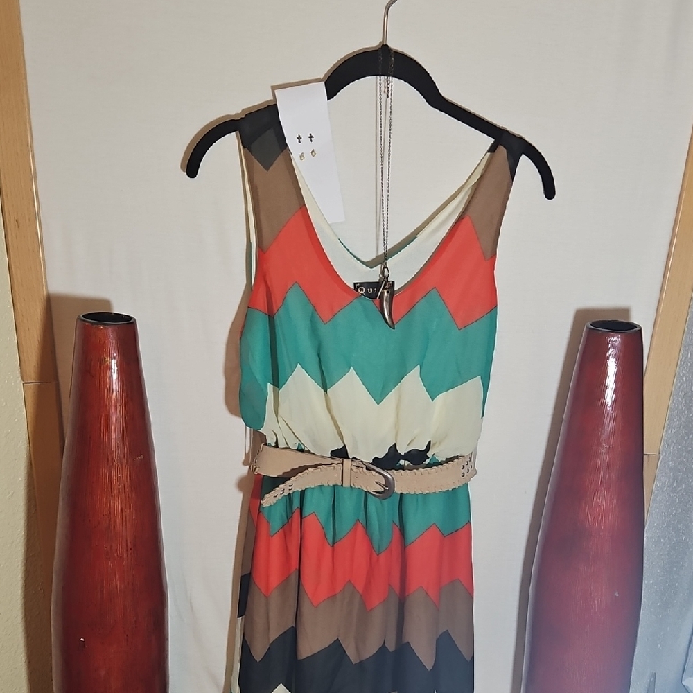 Orange And Teal Sleeveless Sundress with Scoop Neck